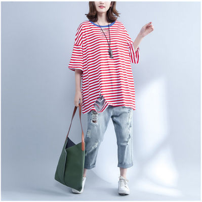 buy 大码条纹T恤女2018夏季新品韩版休闲宽松胖MM短袖中长上衣 online manufacture