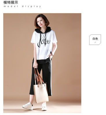 buy 拼接显瘦；上衣半袖纯棉体恤；中长款；宽松休闲；带帽；短T；女 online manufacture